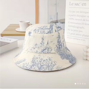 Cream and Blue Toile Foldable Bucket Hat One Size